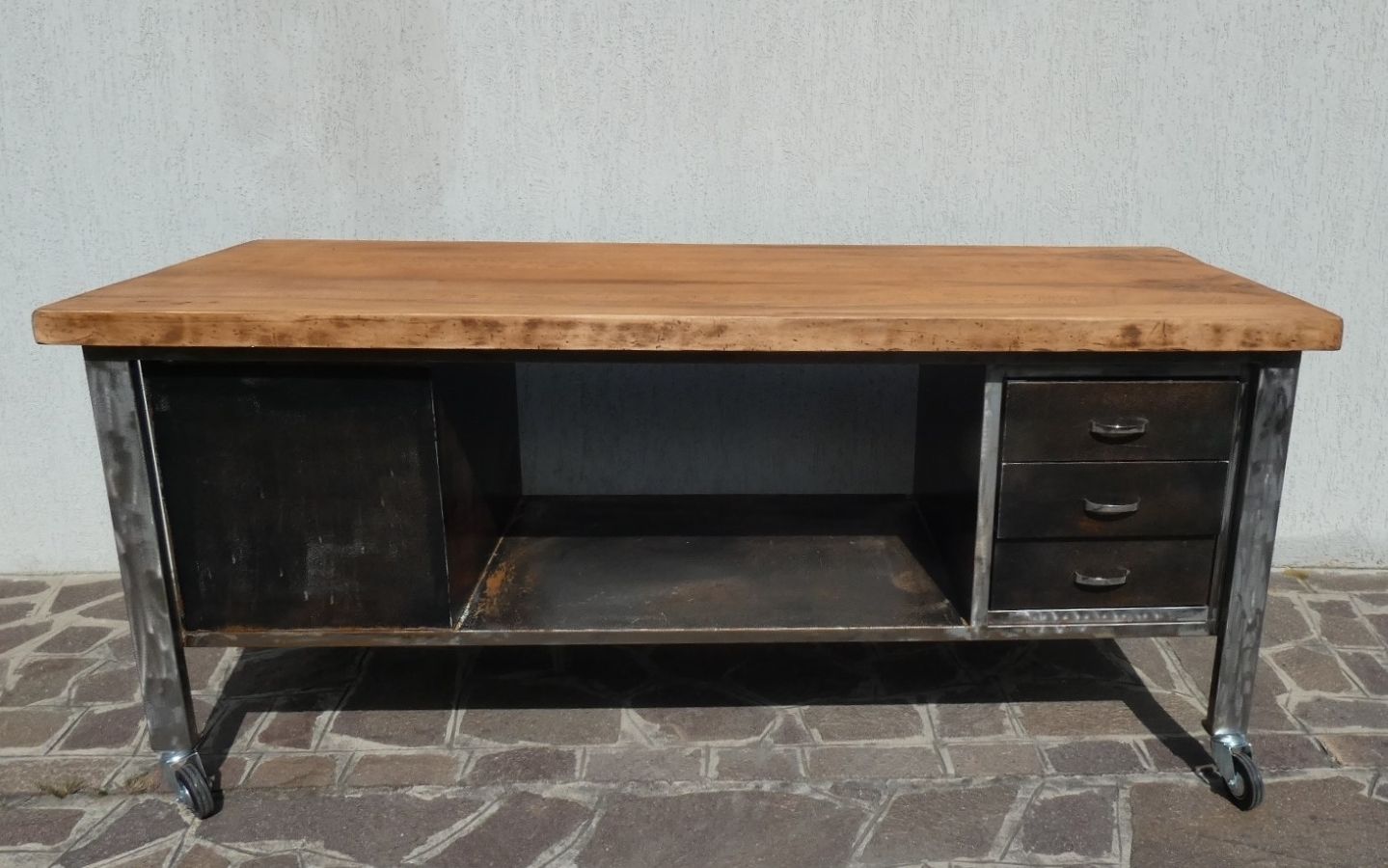 photo furniture Industrial Style Island Counter In Steel And Walnut, 1970s