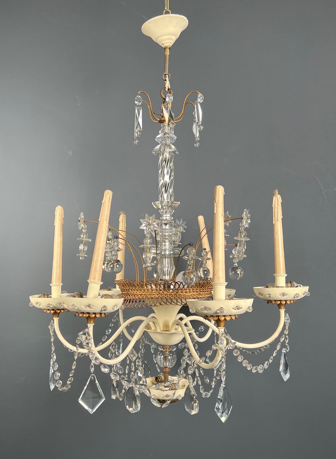 Chandelier In Lacquered And Gilded Sheet Metal And Crystals From Maison Baguès. Circa 1940 photo for sale