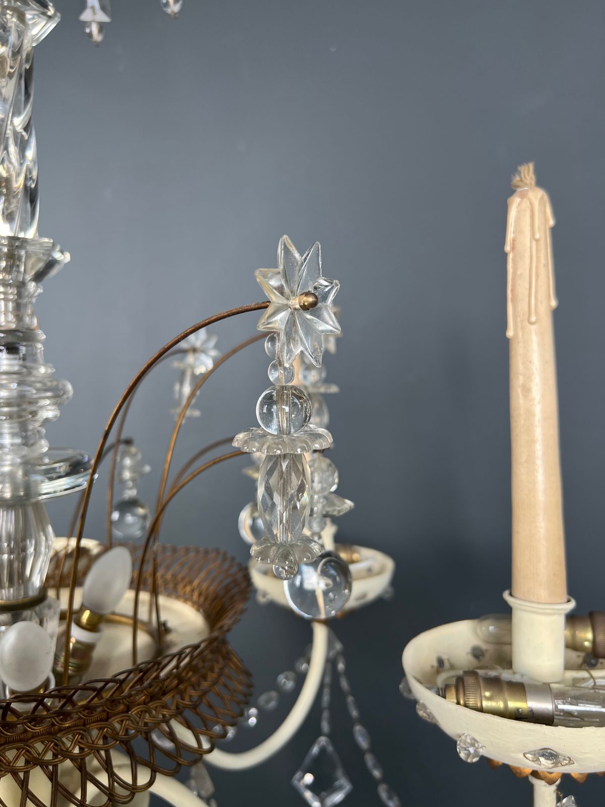 photo for sale Chandelier In Lacquered And Gilded Sheet Metal And Crystals From Maison Baguès. Circa 1940