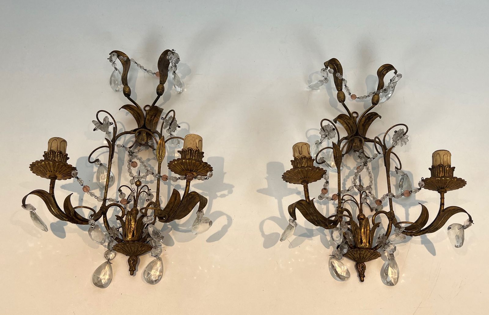 Pair Of Wall Lights In Gilded Metal And Crystals In The Style Of Maison Baguès photo furniture