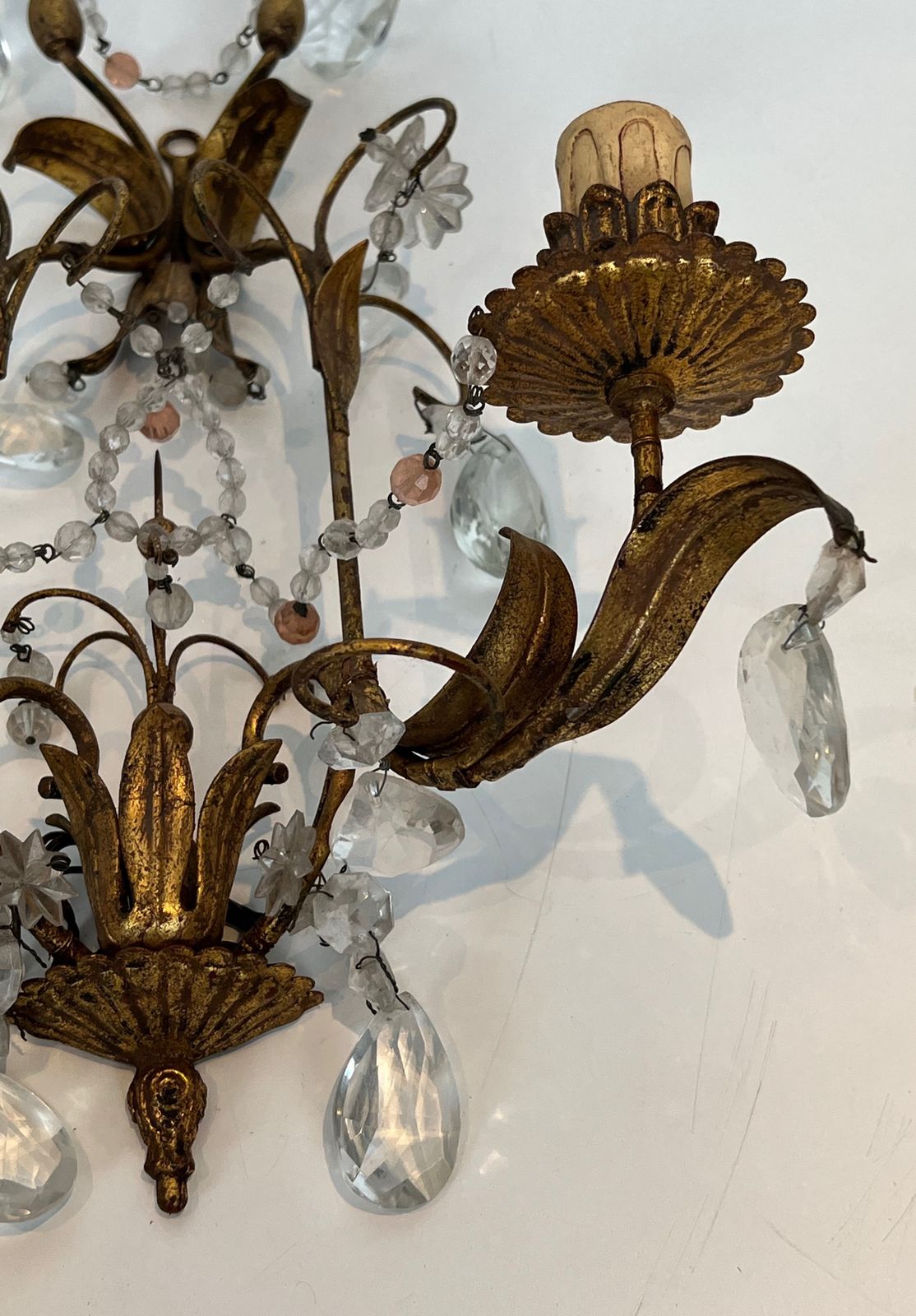 photo for sale Pair Of Wall Lights In Gilded Metal And Crystals In The Style Of Maison Baguès