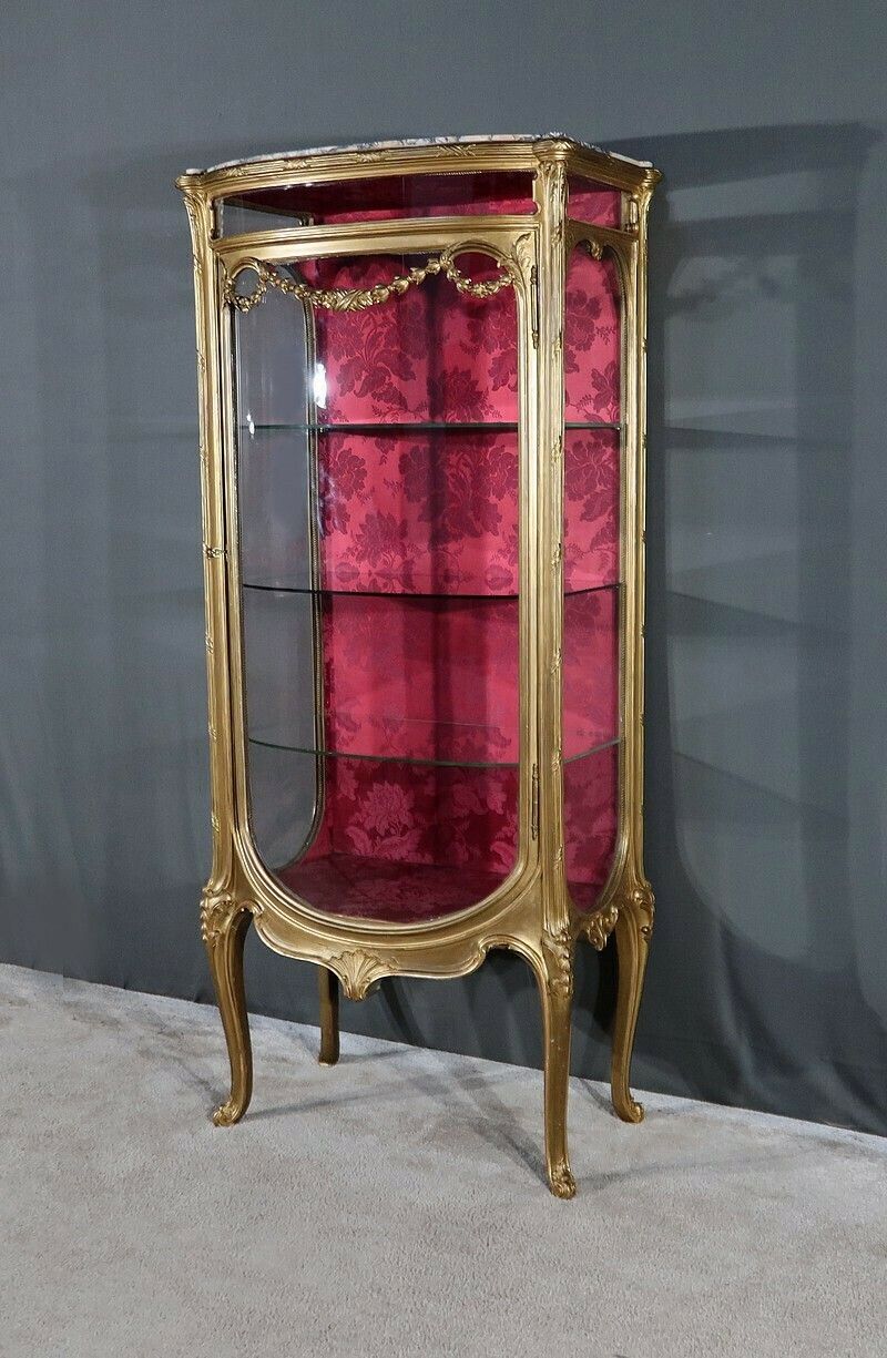 Curved Display Cabinet In Gilded Wood, Transition Louis XV Louis XVI – Early 20th Century