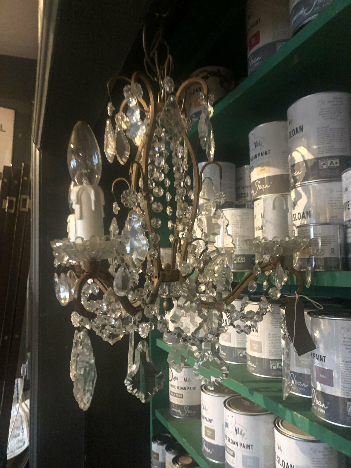 Chandelier In Brass Glass Drops Intact 4 Arm Ornate Original photo furniture