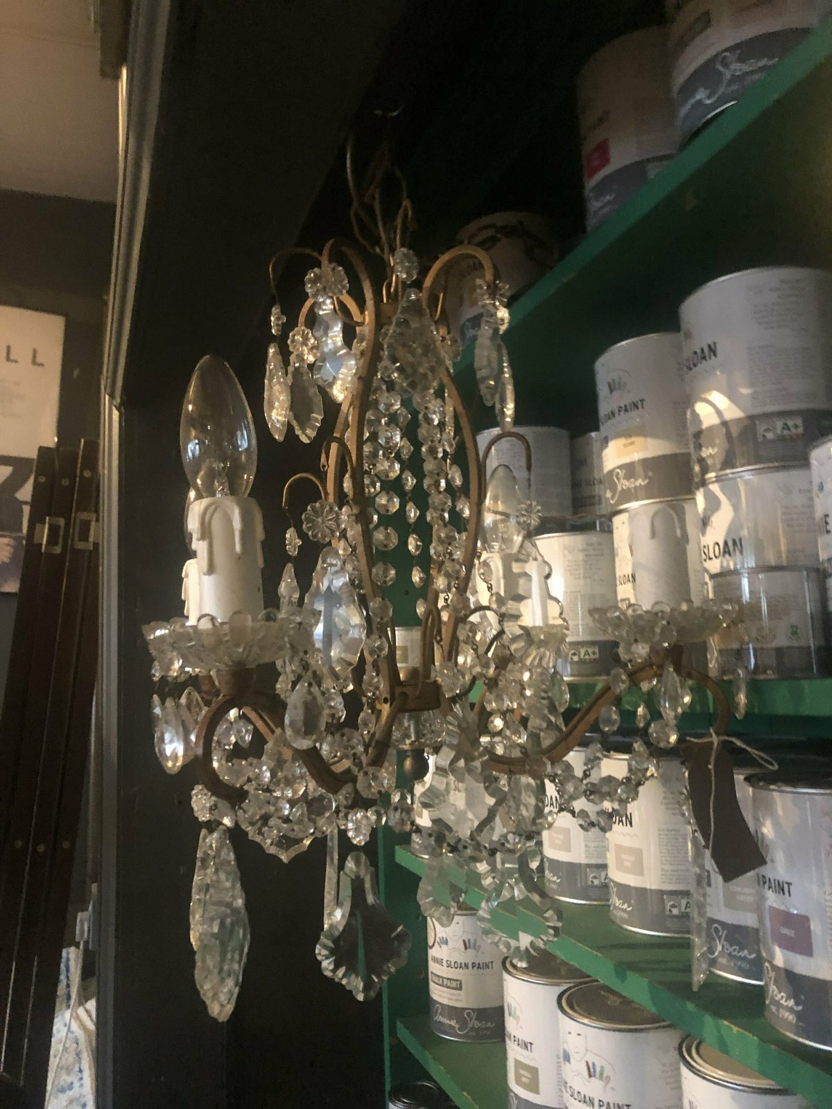 Chandelier In Brass Glass Drops Intact 4 Arm Ornate Original photo for sale