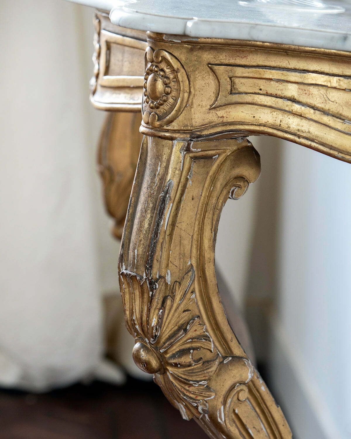 Antique French Louis XV Style Giltwood Console With Marble Top, 1800s photo for sale