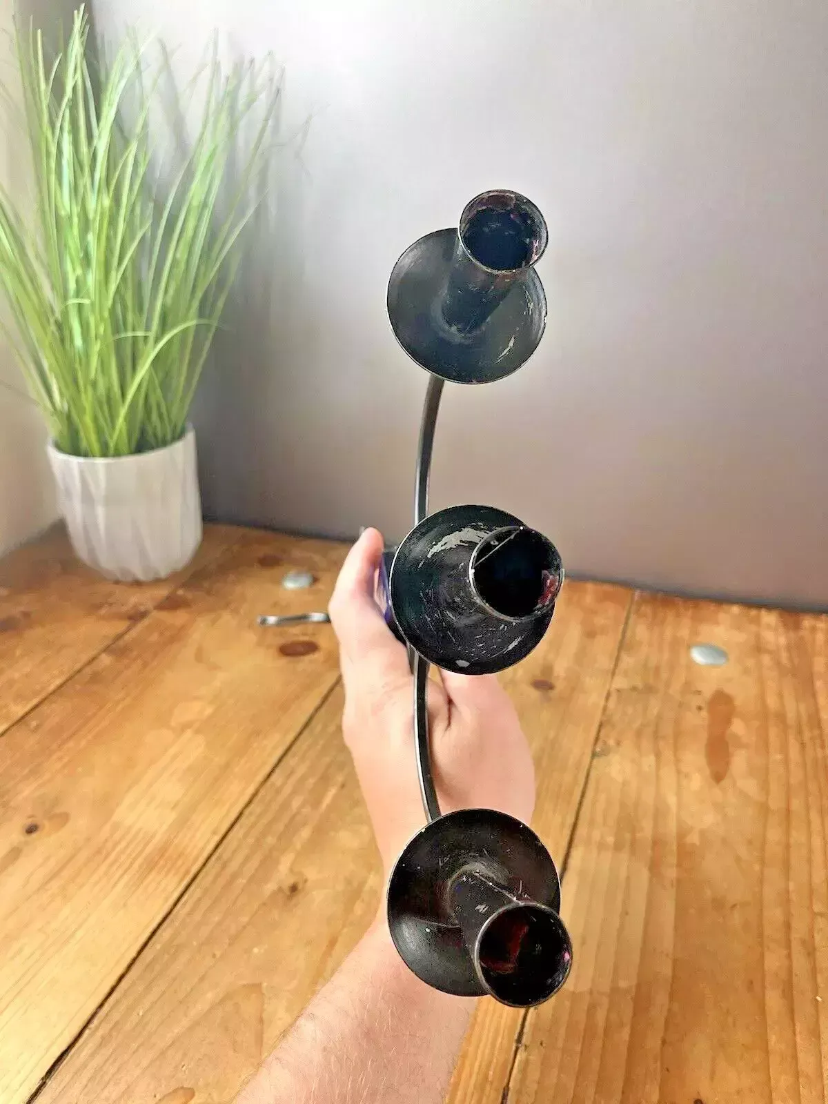 Home Decor Mid Century 60's Swedish Folk 3 Candle Holder Candlestick Ystad Metall Bo Svensk photo