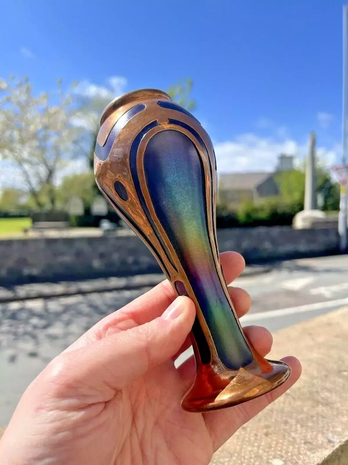 Nouveau Secessionist Bohemian Iridescent Glass Copper Clad Vase By Carl Goldberg photo for sale