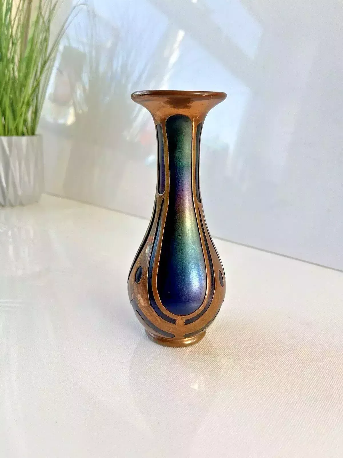 Nouveau Secessionist Bohemian Iridescent Glass Copper Clad Vase By Carl Goldberg photo vintage