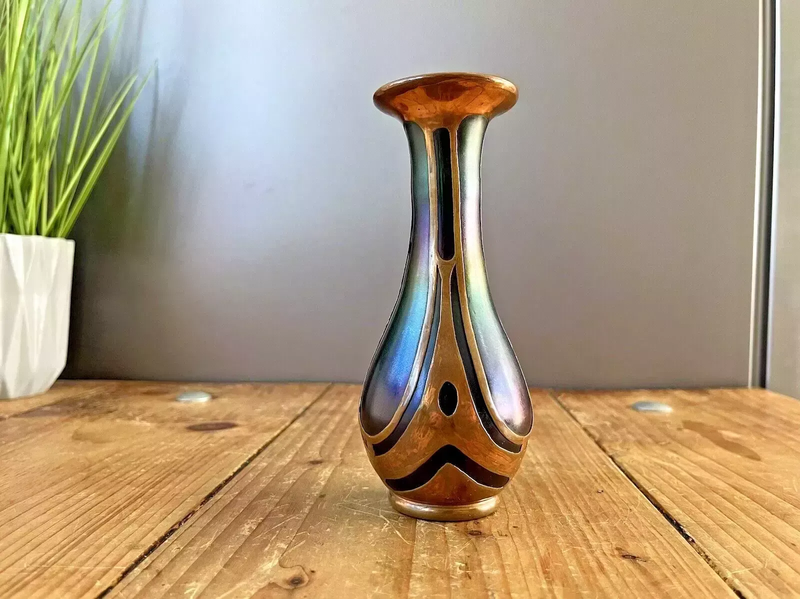 photo for sale Nouveau Secessionist Bohemian Iridescent Glass Copper Clad Vase By Carl Goldberg