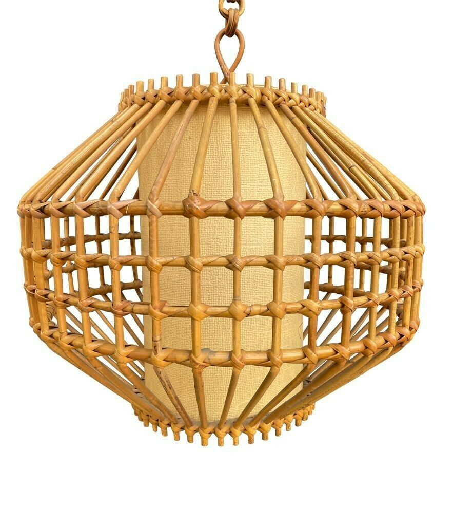 A French 1960s Woven Bamboo And Parchment Hanging Light By Louis Sognot photo furniture