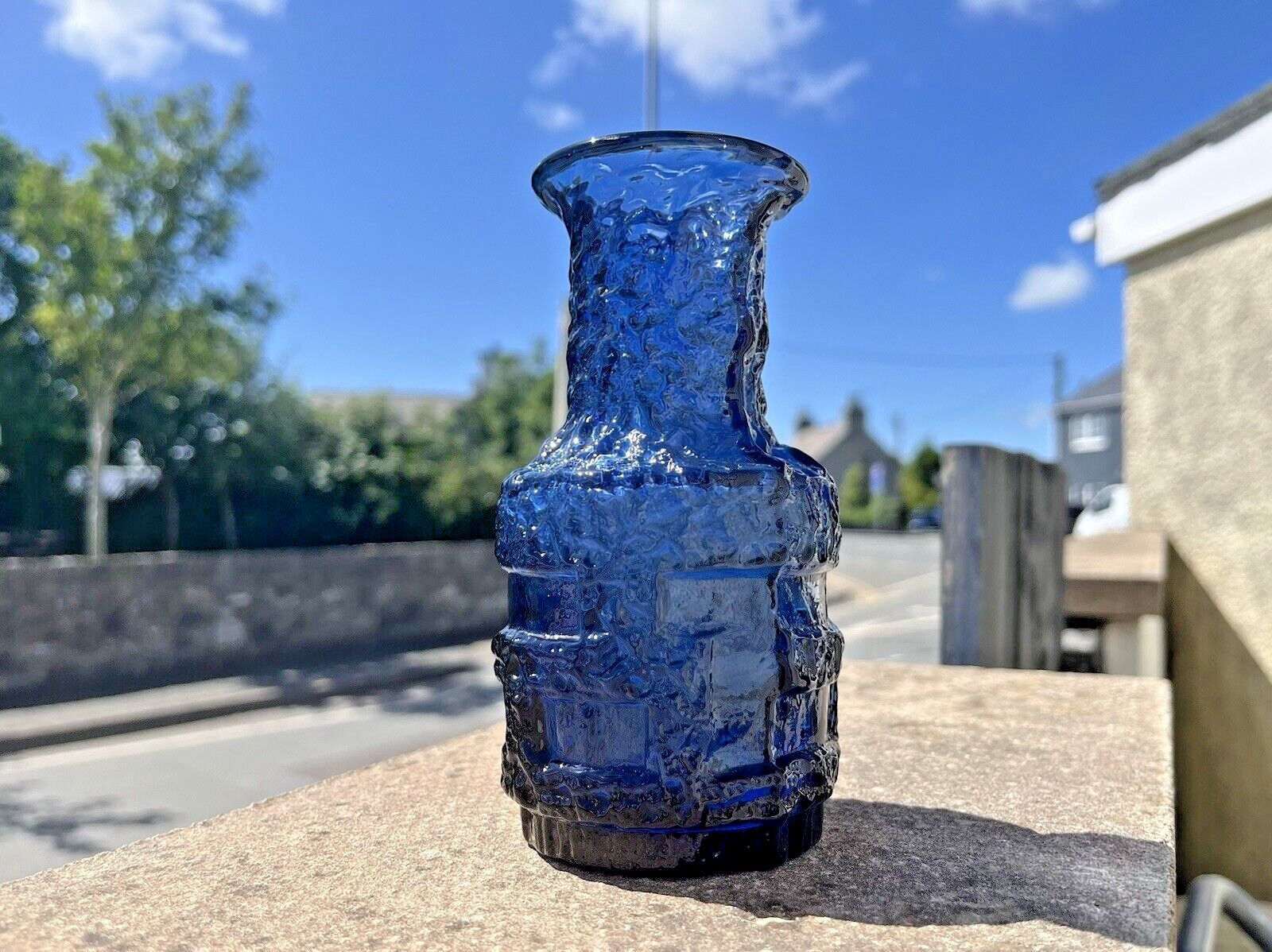 Mid Century Swedish Ruda Glasbruk Blue Textured 60's Glass Vase Scandi Retro 70s photo furniture