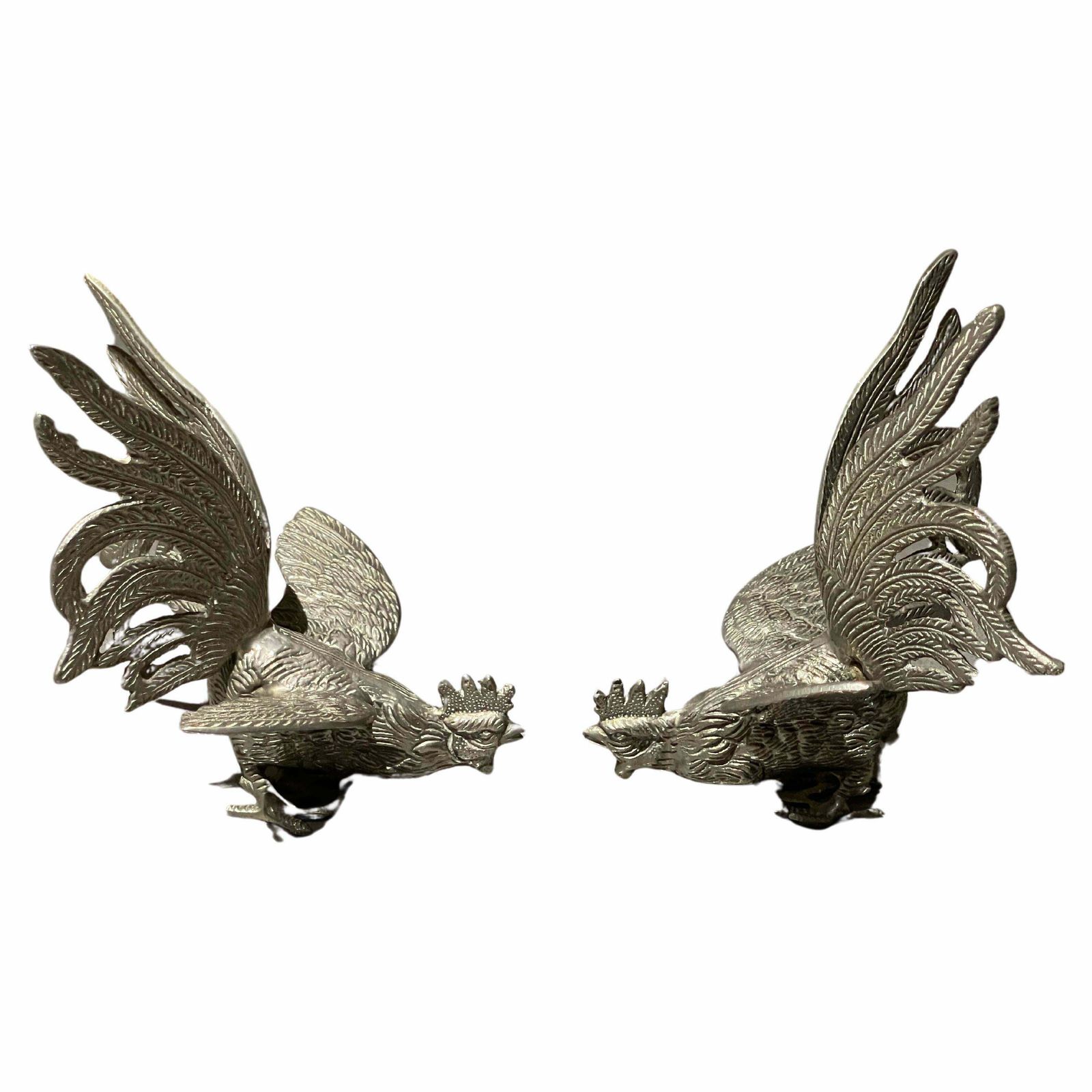 Antique Pair Of Silver Rooster Stand, Decoration Object For Home Décor