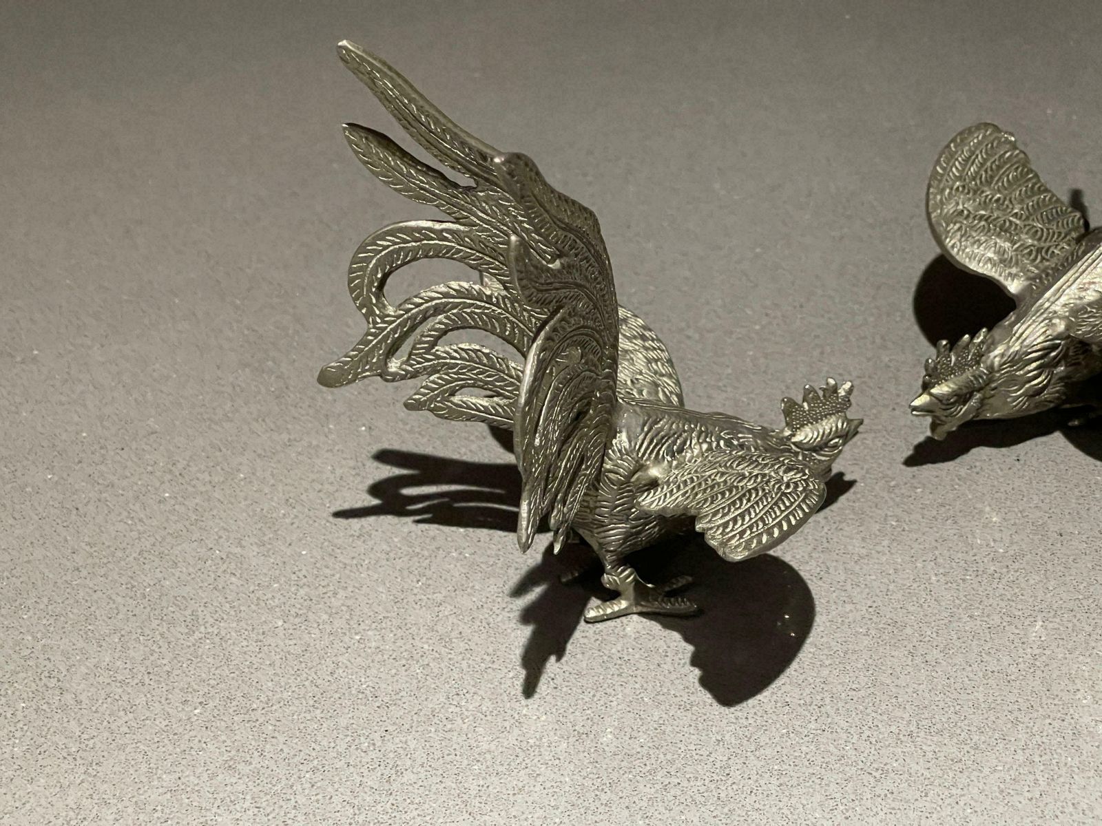 Antique Pair Of Silver Rooster Stand, Decoration Object For Home Décor photo vintage