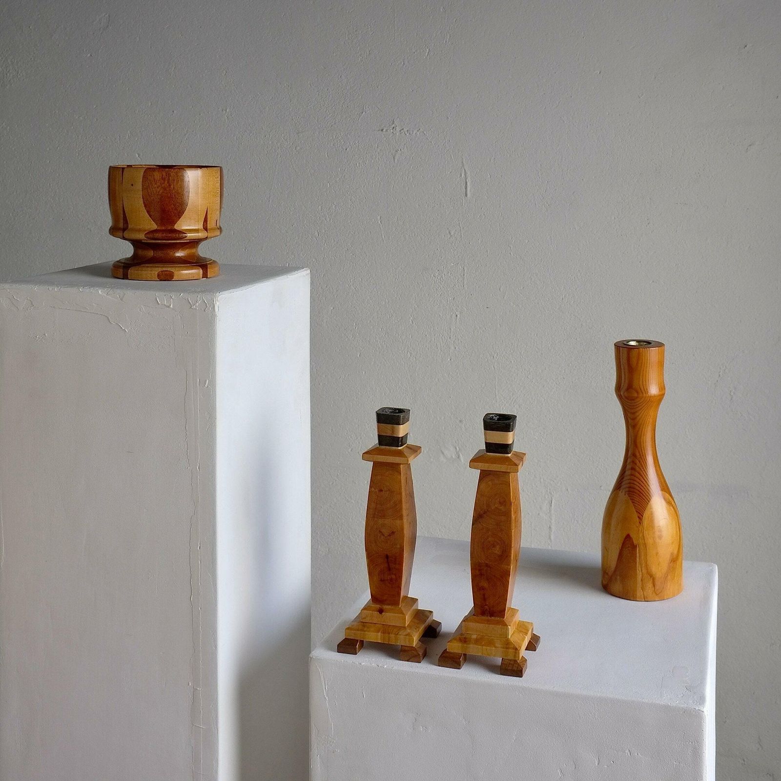 Carved Wooden Candle Holders And Bowl Set | Sweden | 1970s
