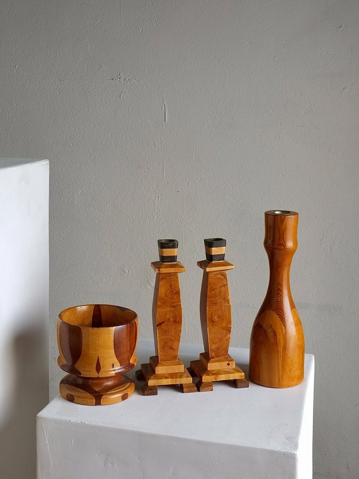 Carved Wooden Candle Holders And Bowl Set | Sweden | 1970s photo Home Decor