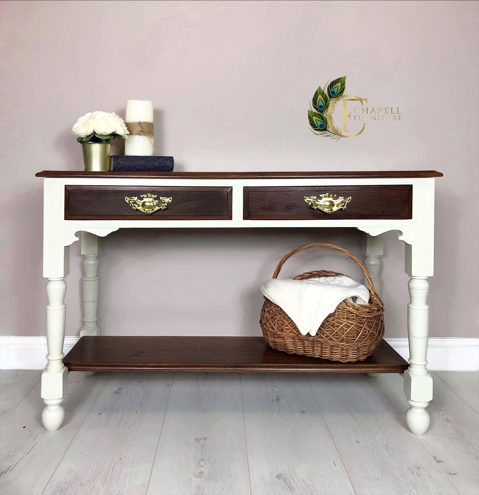 Oak Base And Mahogany Top Upcycled Hall Table /Console Table, Country Style Kitchen Island, Side Board, Hand Painted In Warm White Colour