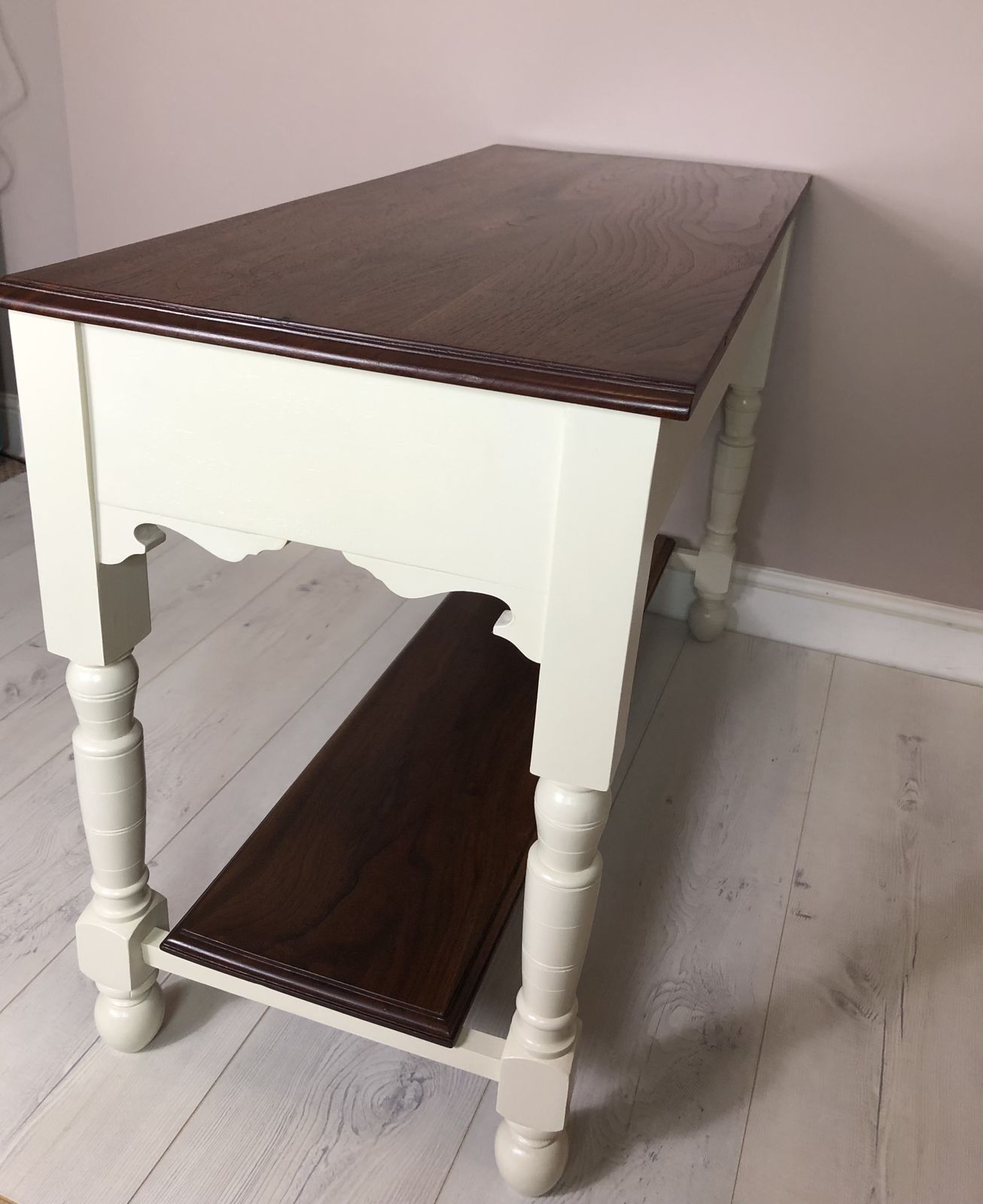 photo for sale Oak Base And Mahogany Top Upcycled Hall Table /Console Table, Country Style Kitchen Island, Side Board, Hand Painted In Warm White Colour