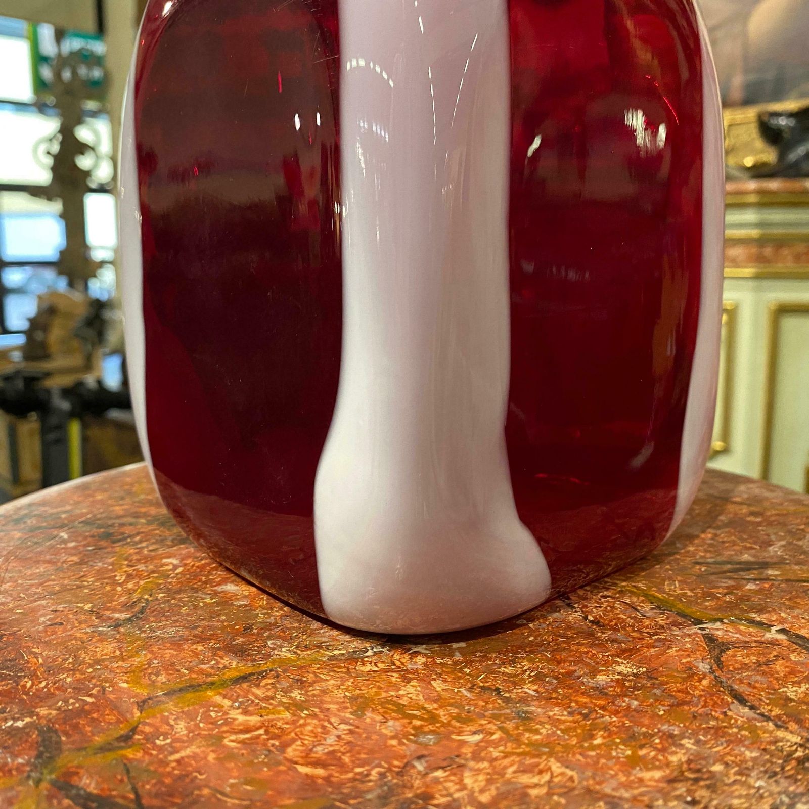 1980s Modernist Red And White Tall Murano Glass Bottle Vase By Carlo Moretti photo 965.0
