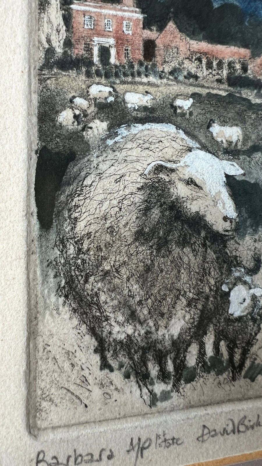 Mid 1900’s Hand Pulled And Coloured Engraving Picture Depicting Sheep And Farmhouse photo 89.0