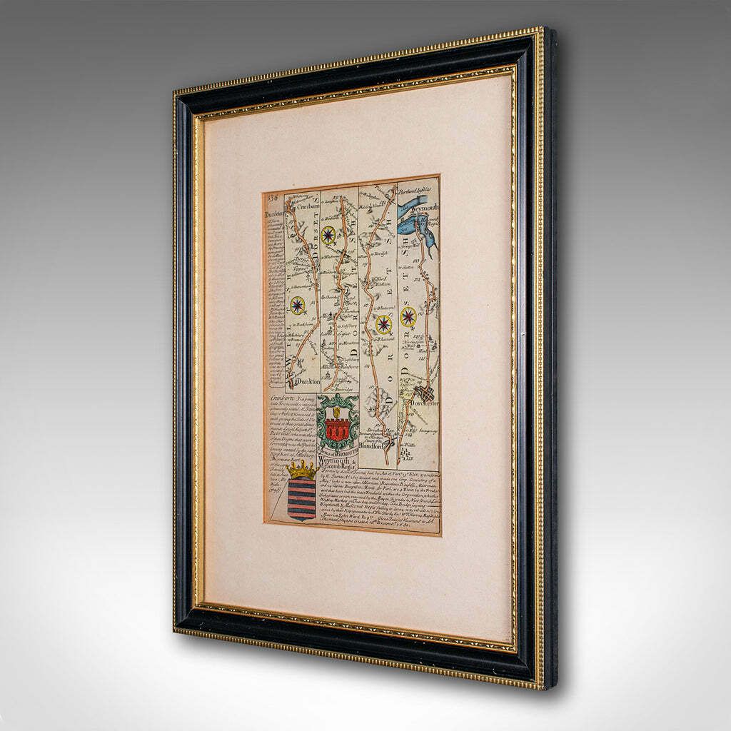 Antique Coaching Road Map Cranborne To Dorchester, Framed Cartography, Victorian photo for sale