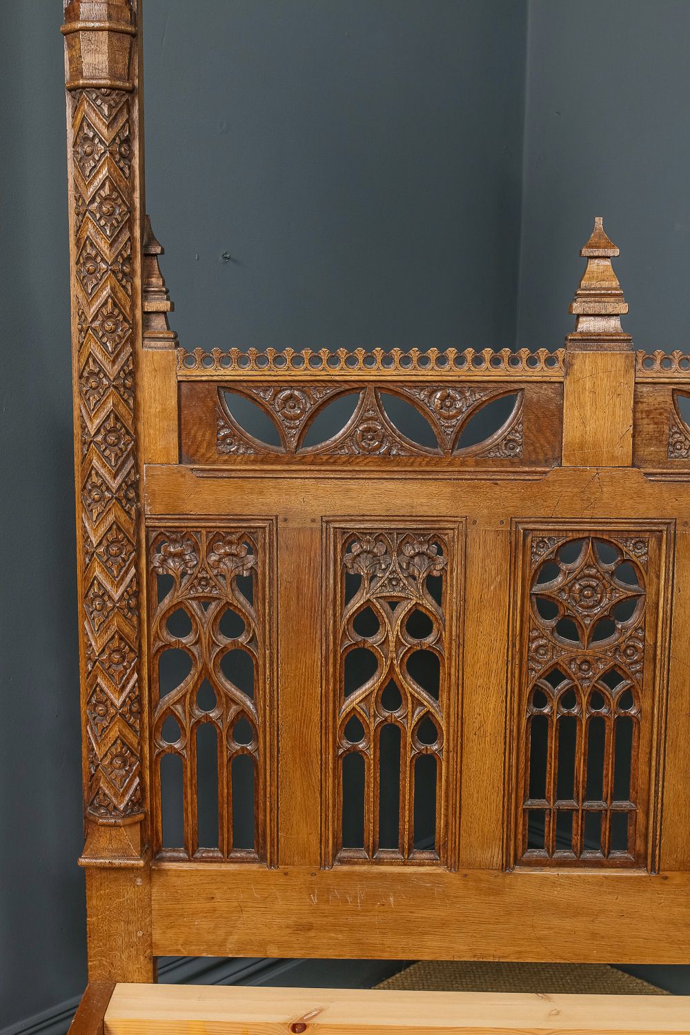 photo for sale English 16th Century Gothic Pugin Style 5ft King Size Oak Carved  Bed (Circa 1930)