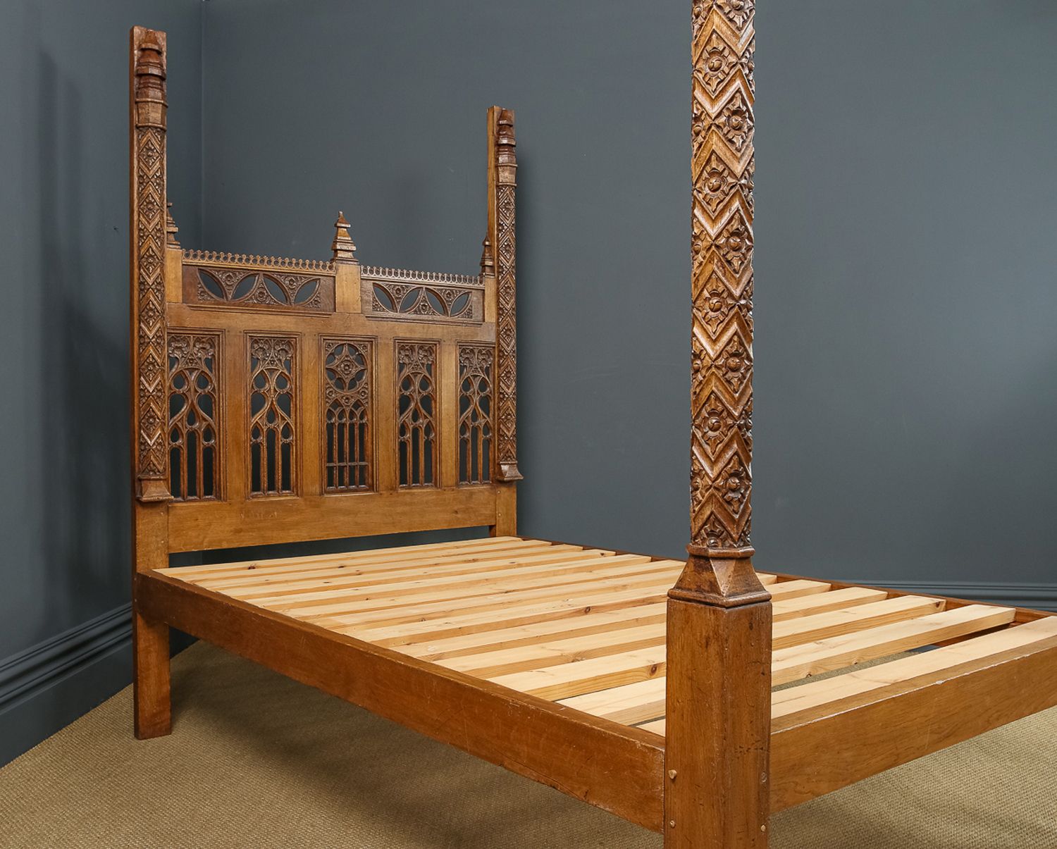 8750.0 English 16th Century Gothic Pugin Style 5ft King Size Oak Carved  Bed (Circa 1930) photo
