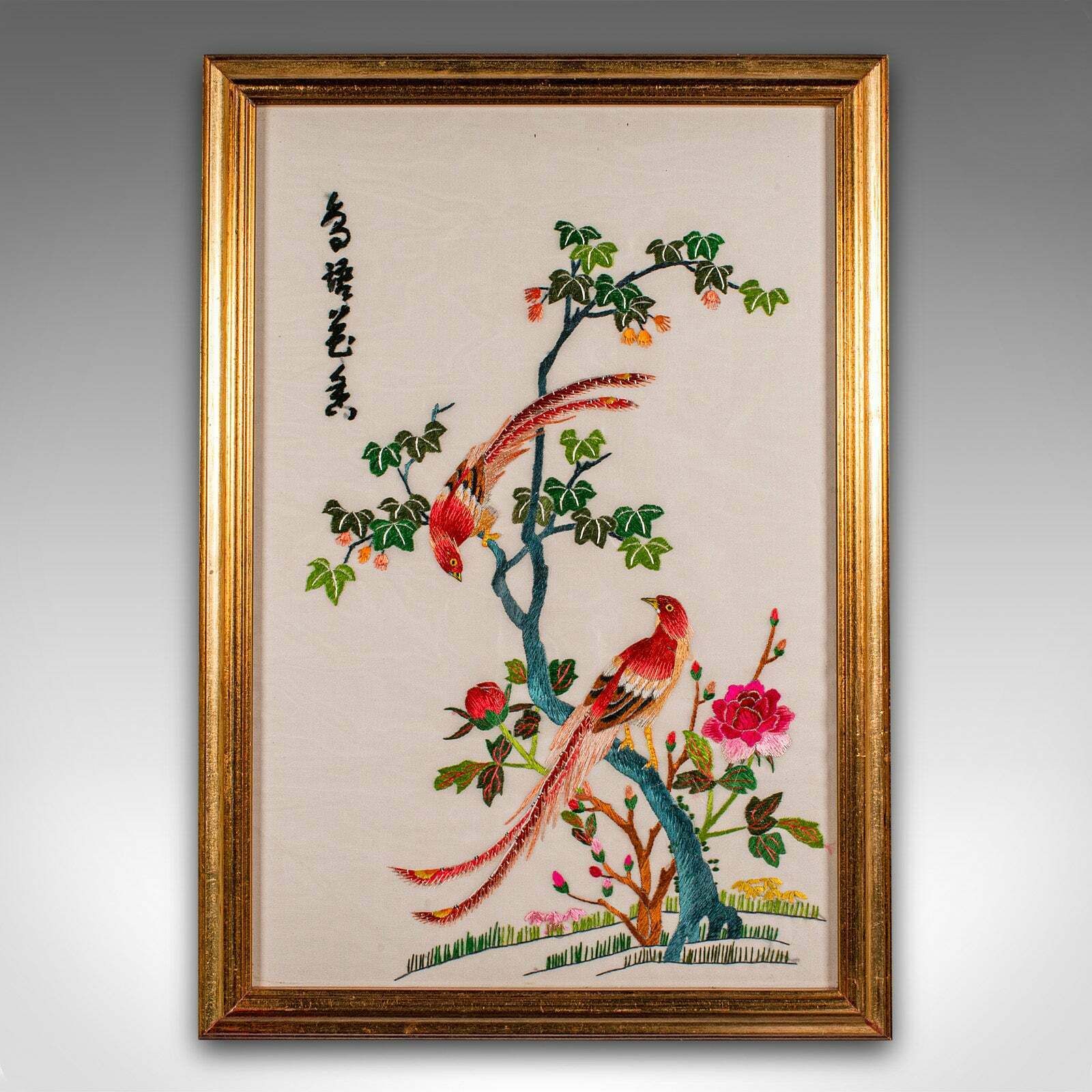 Vintage Embroidered Panel, Korean, Silk Cotton, Embroidery, Bird Motif, Art Deco photo furniture
