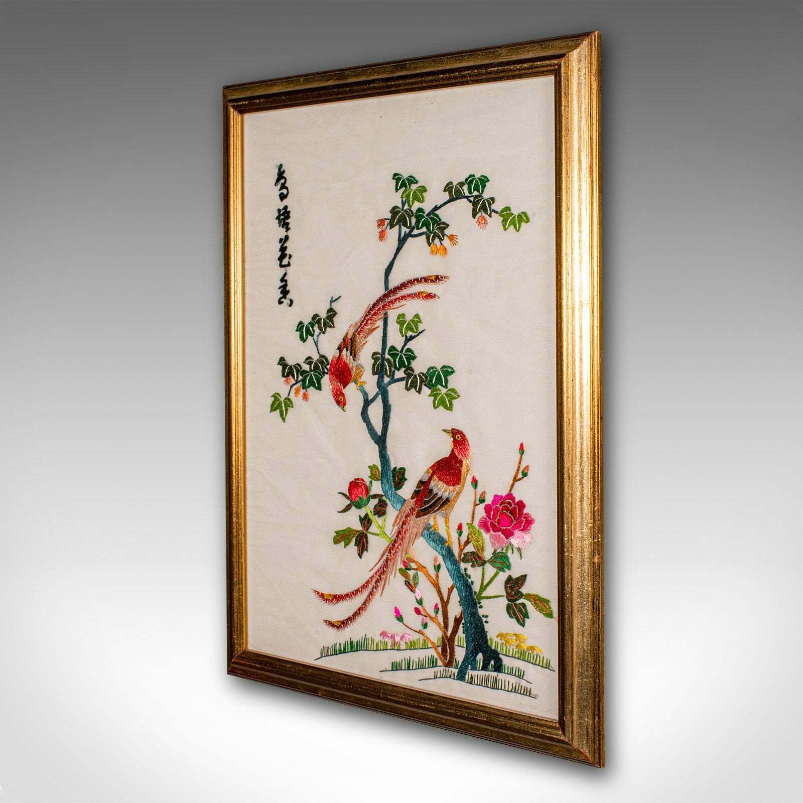 Vintage Embroidered Panel, Korean, Silk Cotton, Embroidery, Bird Motif, Art Deco photo for sale
