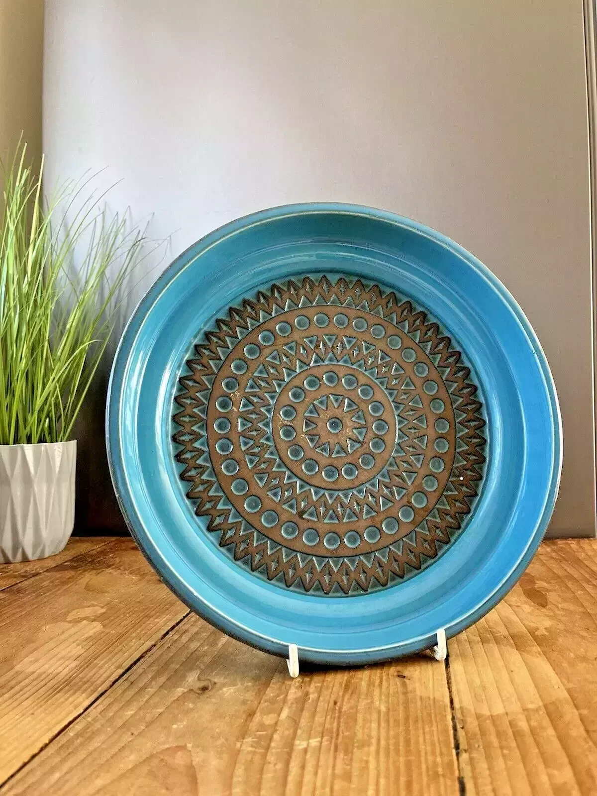 1967 Mid Century Swedish Upsala Ekeby Turkosa 7020 M Aztec Charger Dish Bowl 60s photo for sale