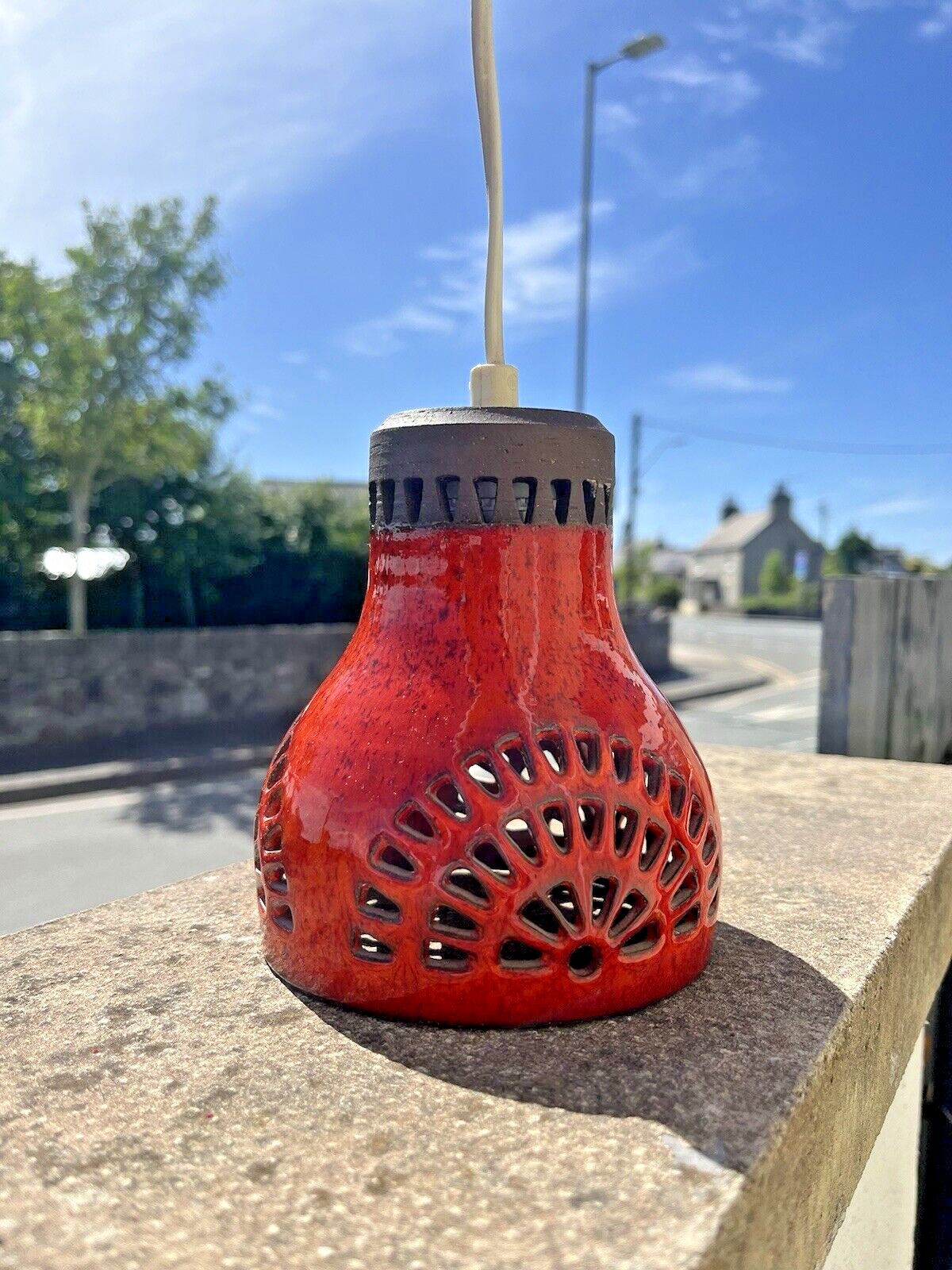 Mid Century 60's Swedish Borsum Mariefred Pierced Pottery Ceiling Light Fat Lava photo for sale