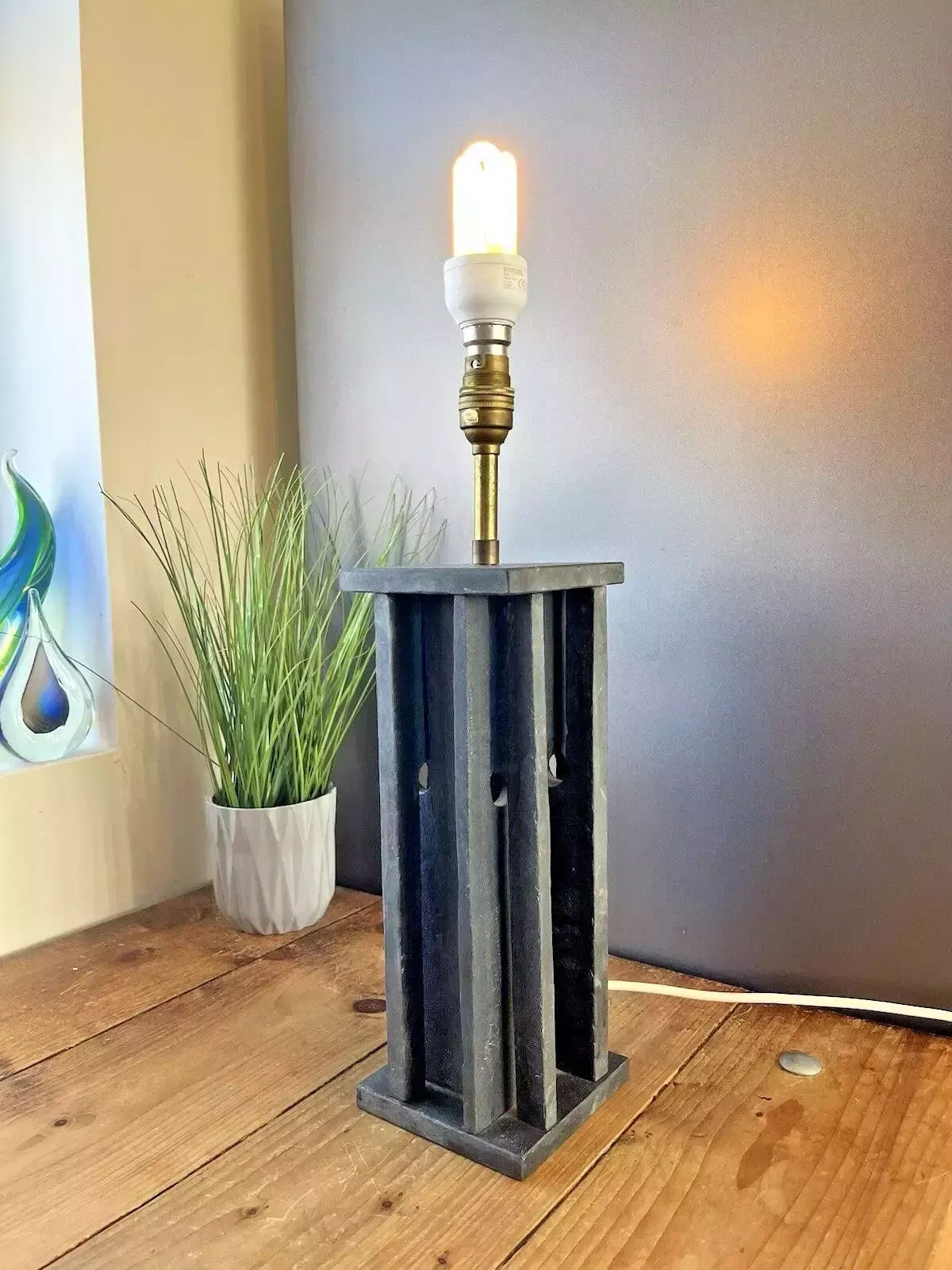 Unusual Rustic Vintage Welsh Slate Table Desk Lamp Base Country House Farmhouse photo furniture