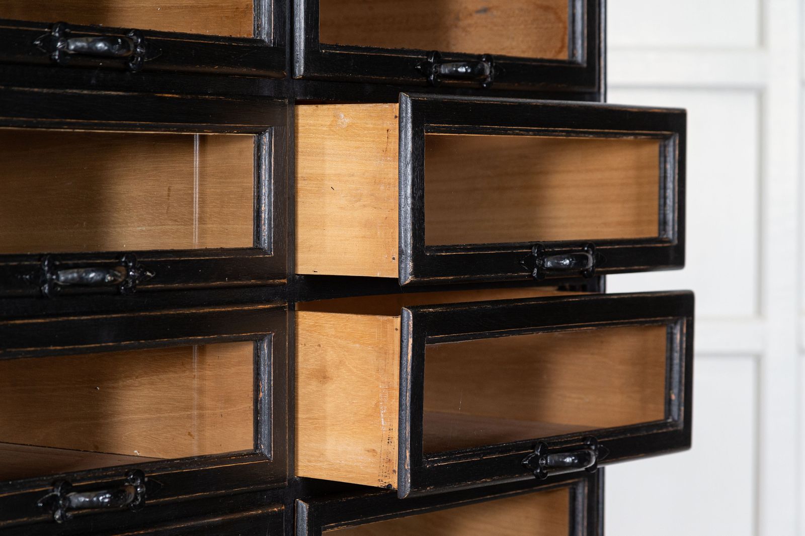 photo for sale 1920s Painted Haberdashery Cabinet With Glass Drawers.