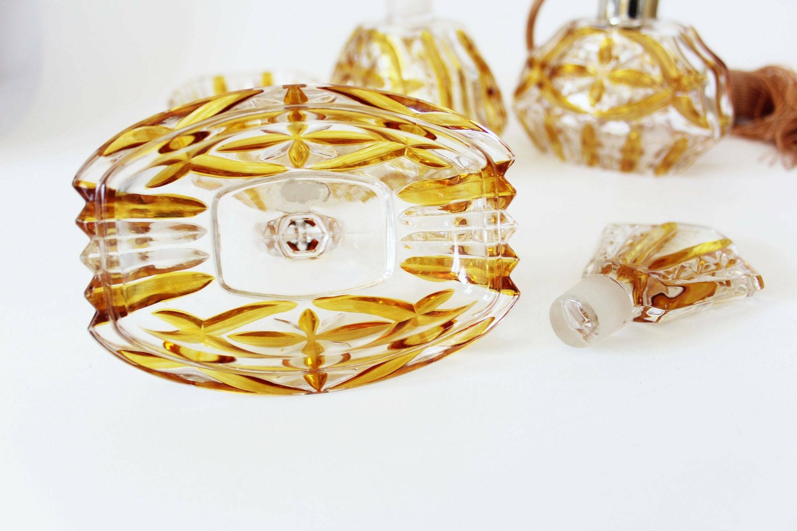Set Of 3 Piece Art Deco Crystal Perfume Box And Atomiser Amber Glass Lidded Bohemian Glass Czechoslovakia Kristal Pressed Glass photo buy