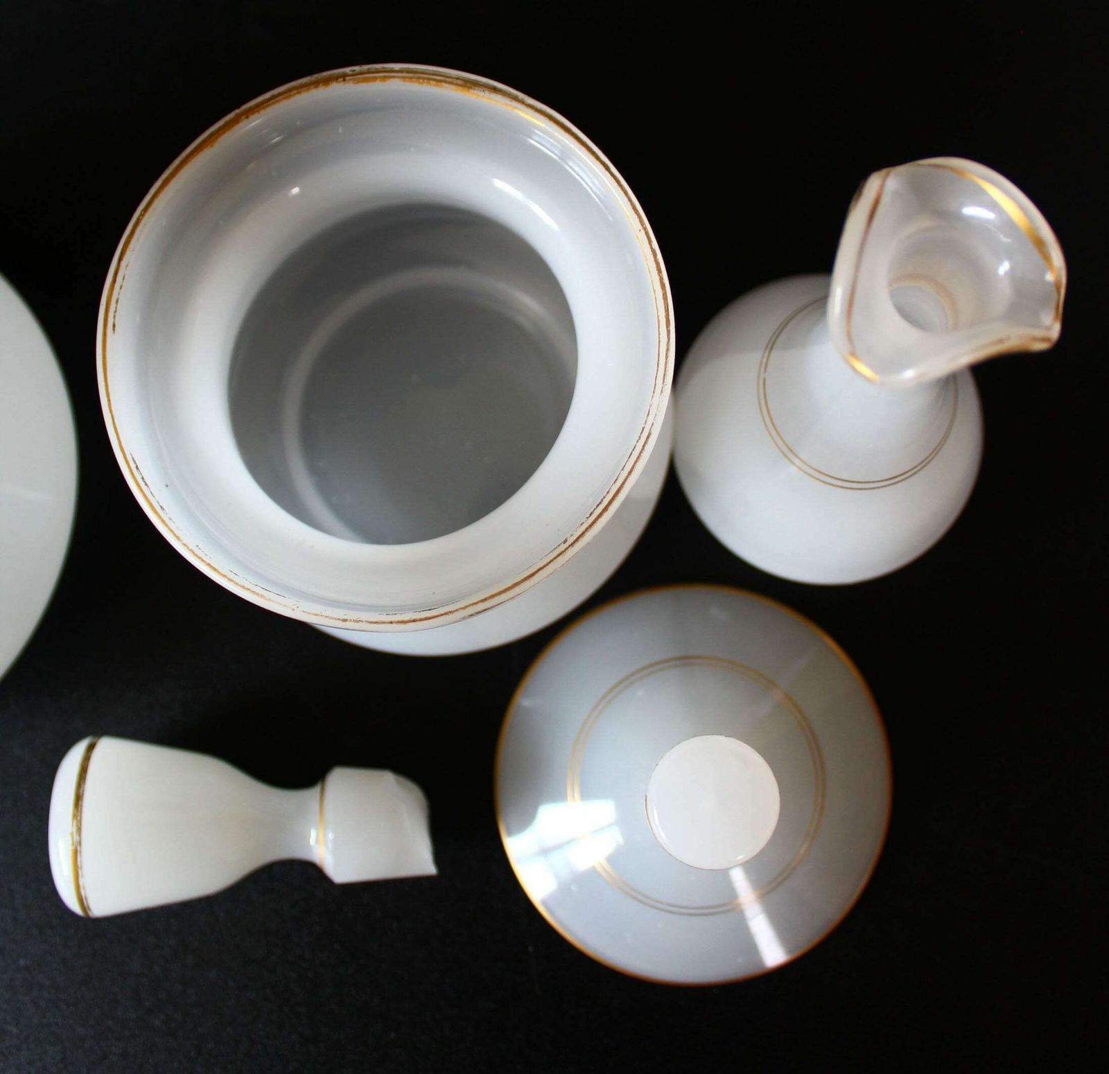 Antique 19th Century White Opaline Decanter Carafe Bedside Set Lidded Bowl Small Vase Serving Tray Louis Philippe Napoleon III French photo vinterior