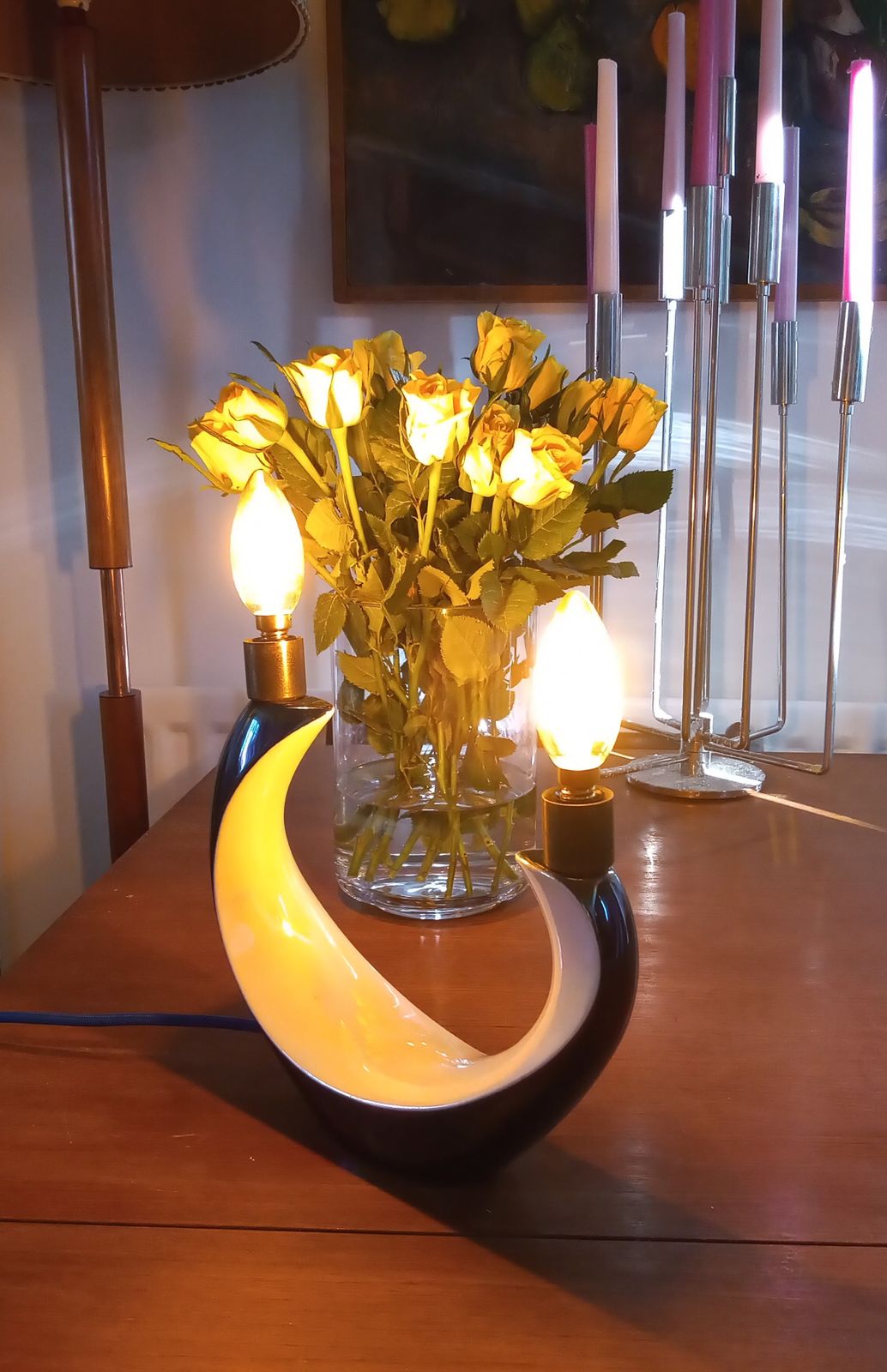 1960s Rare Verceram Ceramique French Iridescent Blue Black And Pearl Glazed Candle Table Lamp photo vinterior