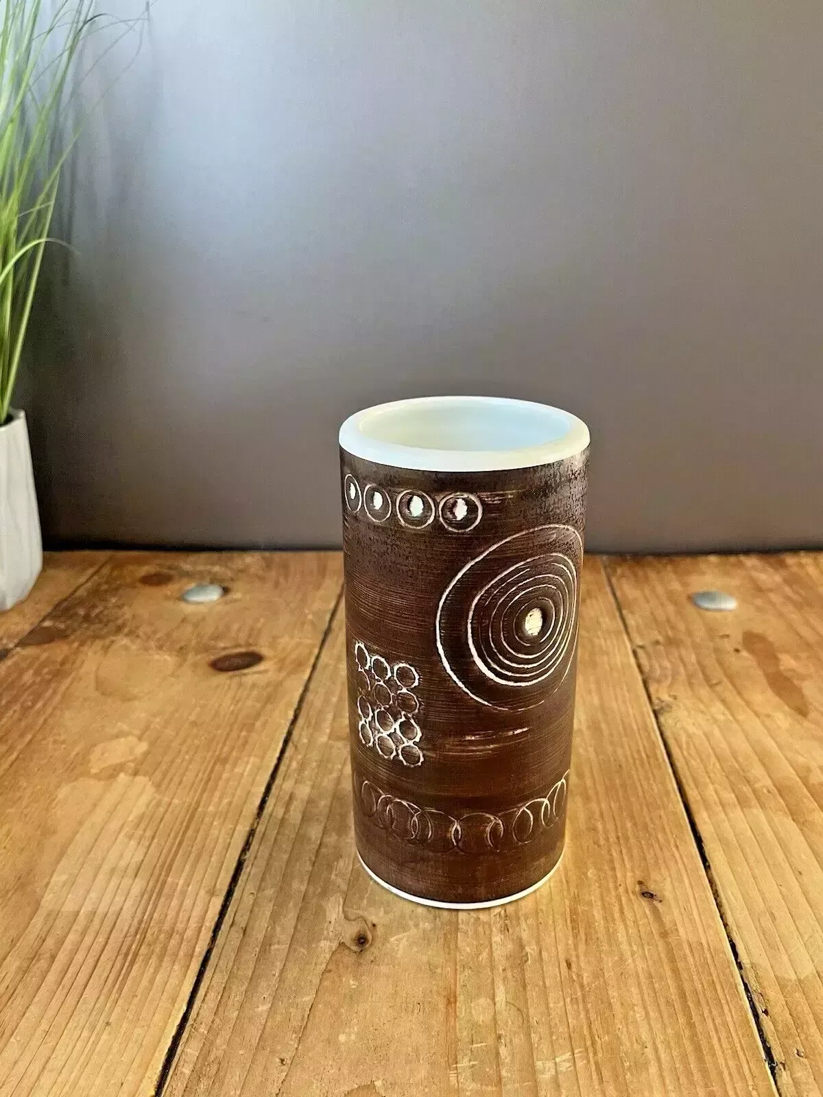 Rare 60's Mid Century Swedish Rorstrand Brown Sarek Geometric Stoneware Vase Mcm photo for sale