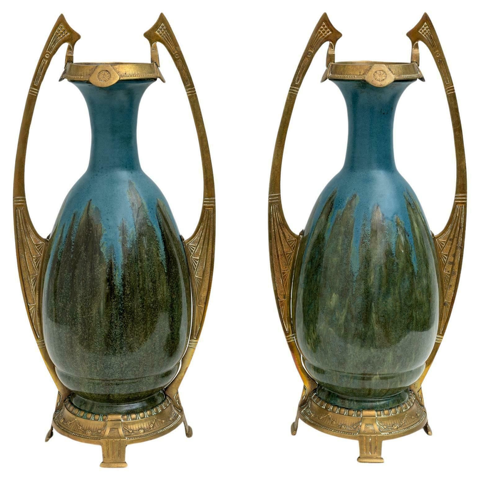 Pair Of Art Nouveau Jugendstil Bronze And Ceramic Vases Otto Eckman Style, 1900s