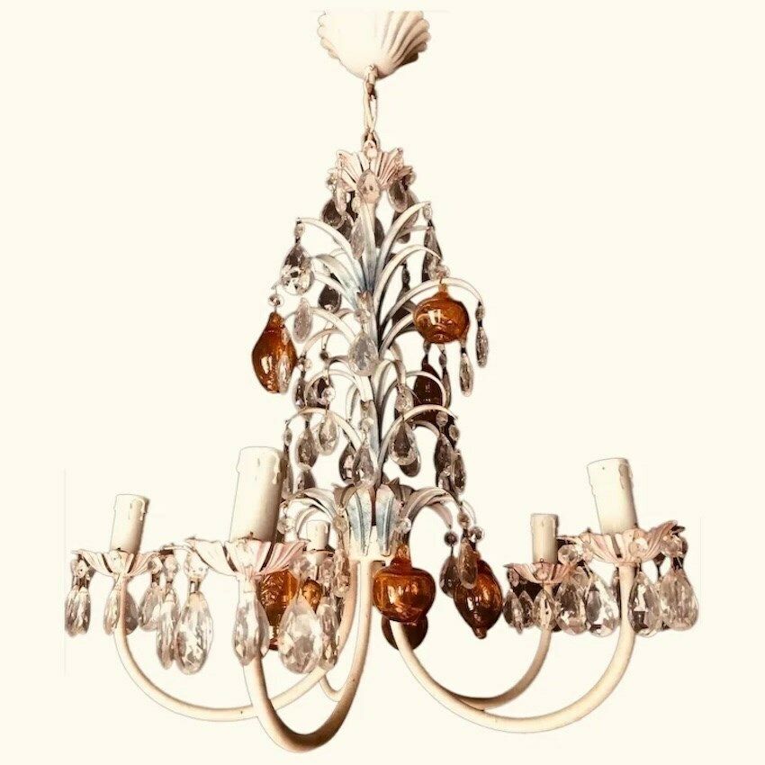 Vintage Italian Chandelier With Crystal Droplets & Amber Pears photo furniture