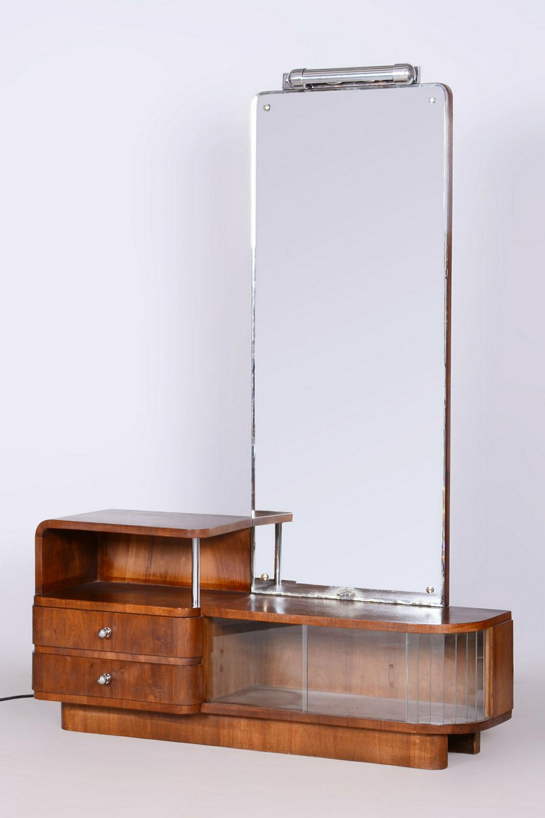 Restored Art Deco Dressing Mirror, By R. Slezak, Glass, Walnut, Czech, 1930s