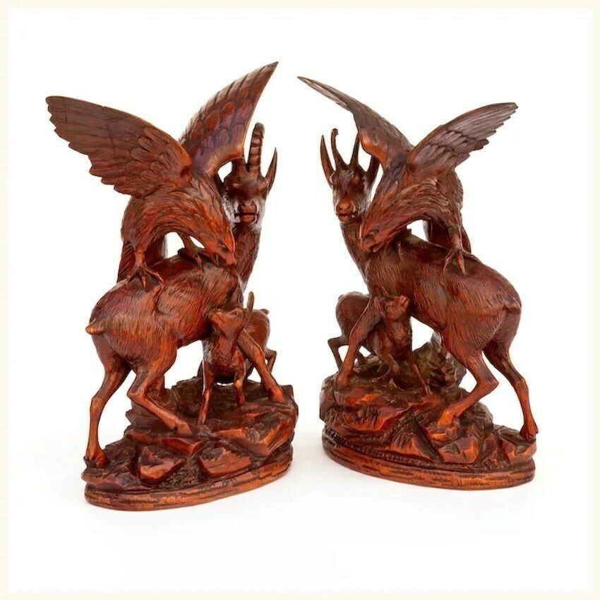 Pair Of Black Forest Carvings Of Stags Fawns & Eagles C. 1900