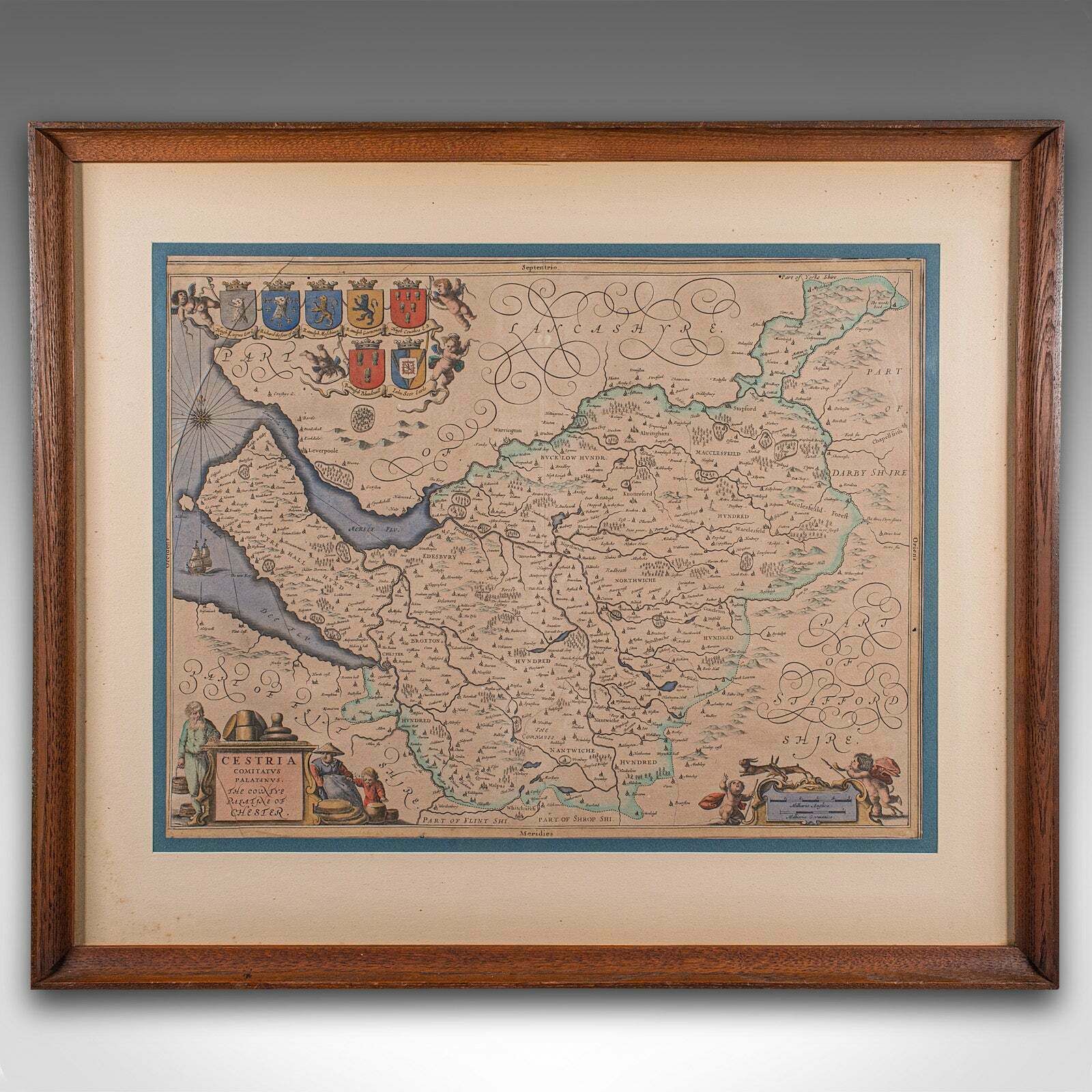 Antique County Map Of Cheshire, Dutch, Framed, Cartography, Janssonius, C.1660 photo furniture