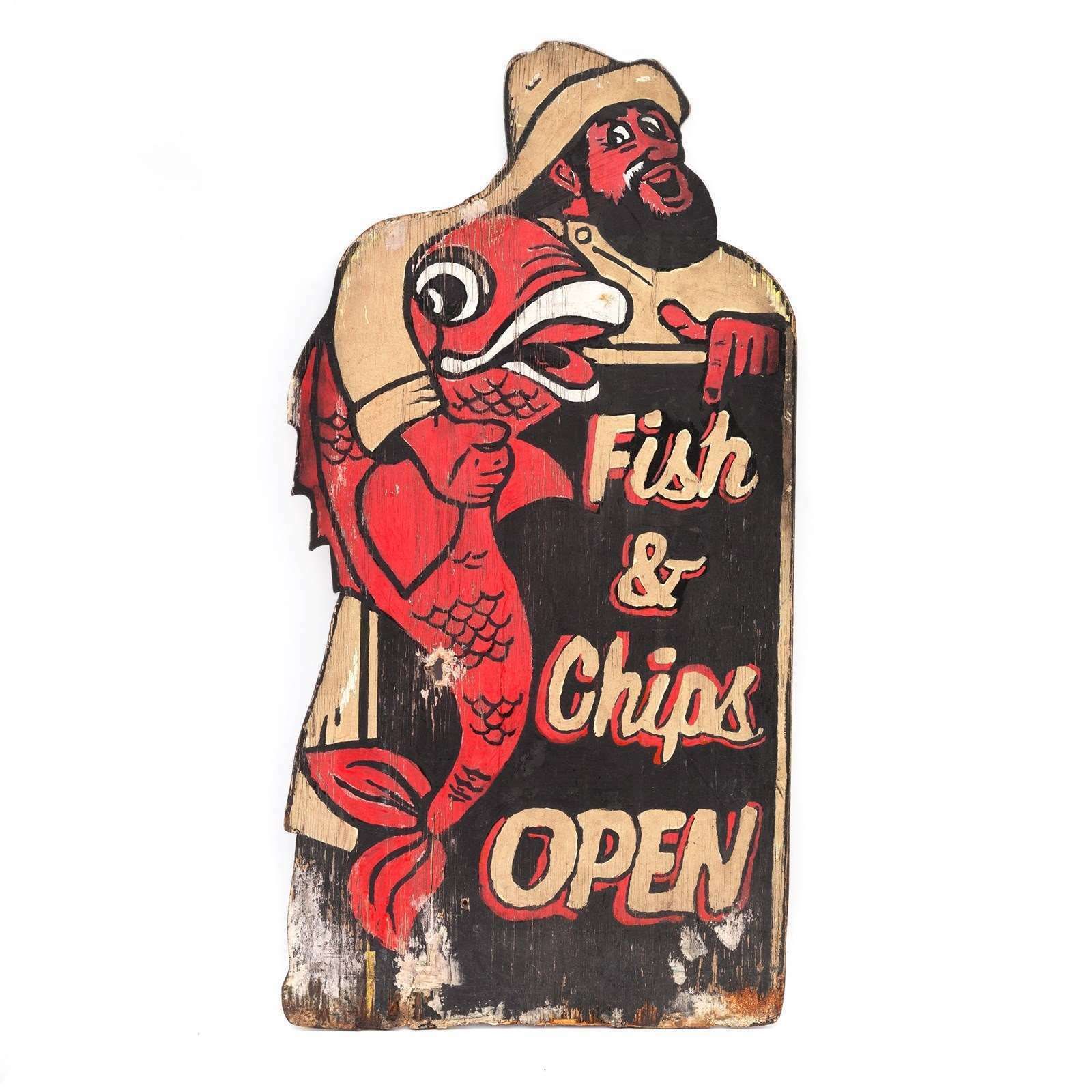 Double Sided Painted Plywood Sign 'Fish & Chips Open'   Fisherman & Giant Cod