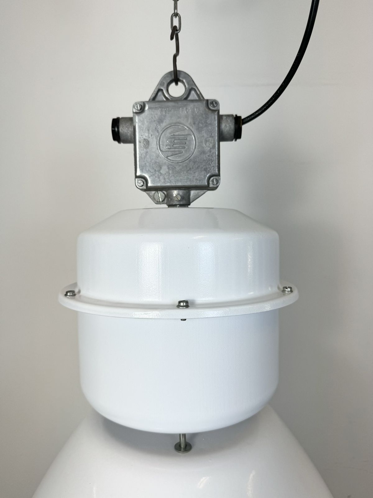 Large White Enamel Industrial Factory Lamp With Glass Cover, 1990s, 3x photo furniture