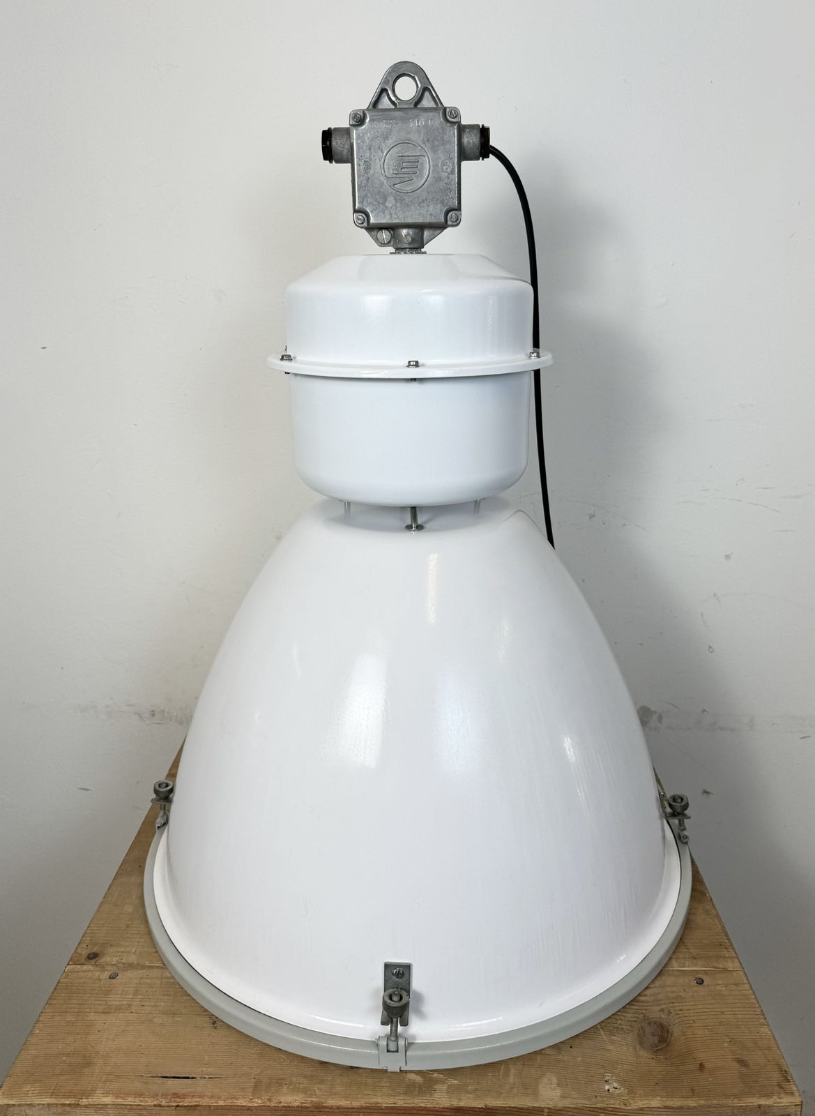 Large White Enamel Industrial Factory Lamp With Glass Cover, 1990s, 3x photo buy