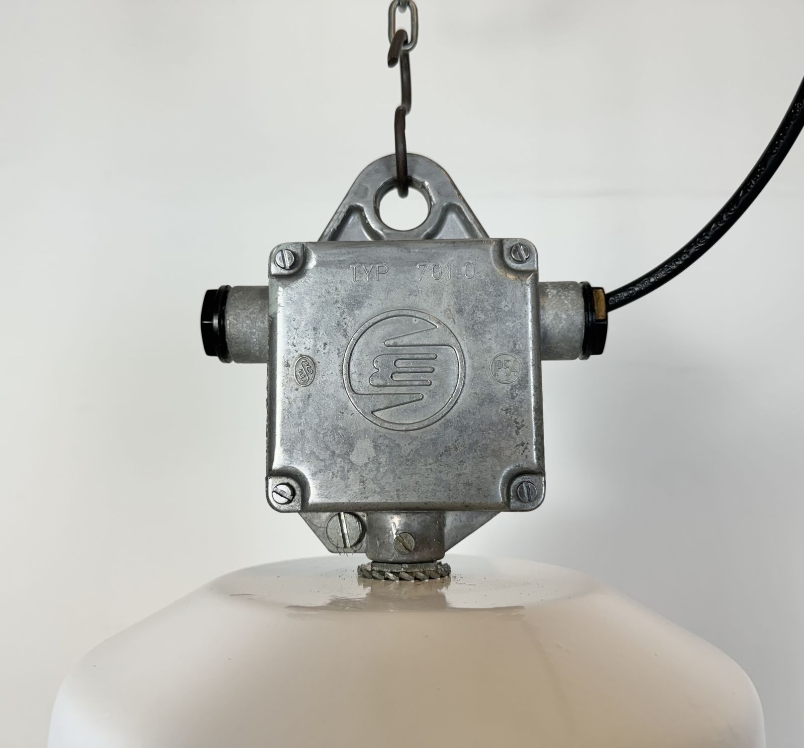 Lighting Large White Enamel Industrial Factory Lamp With Glass Cover, 1990s, 3x photo