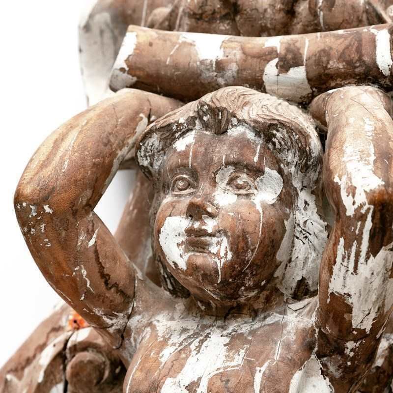 Pair Of Carved Limewood Putti In Wreaths Originally From An Italian Fairground photo vintage