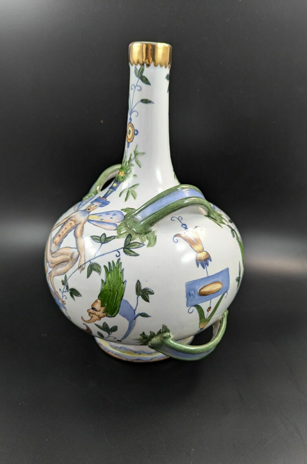 Antique French Armonial Double Handled Faience Flask, 19th Century photo vinterior