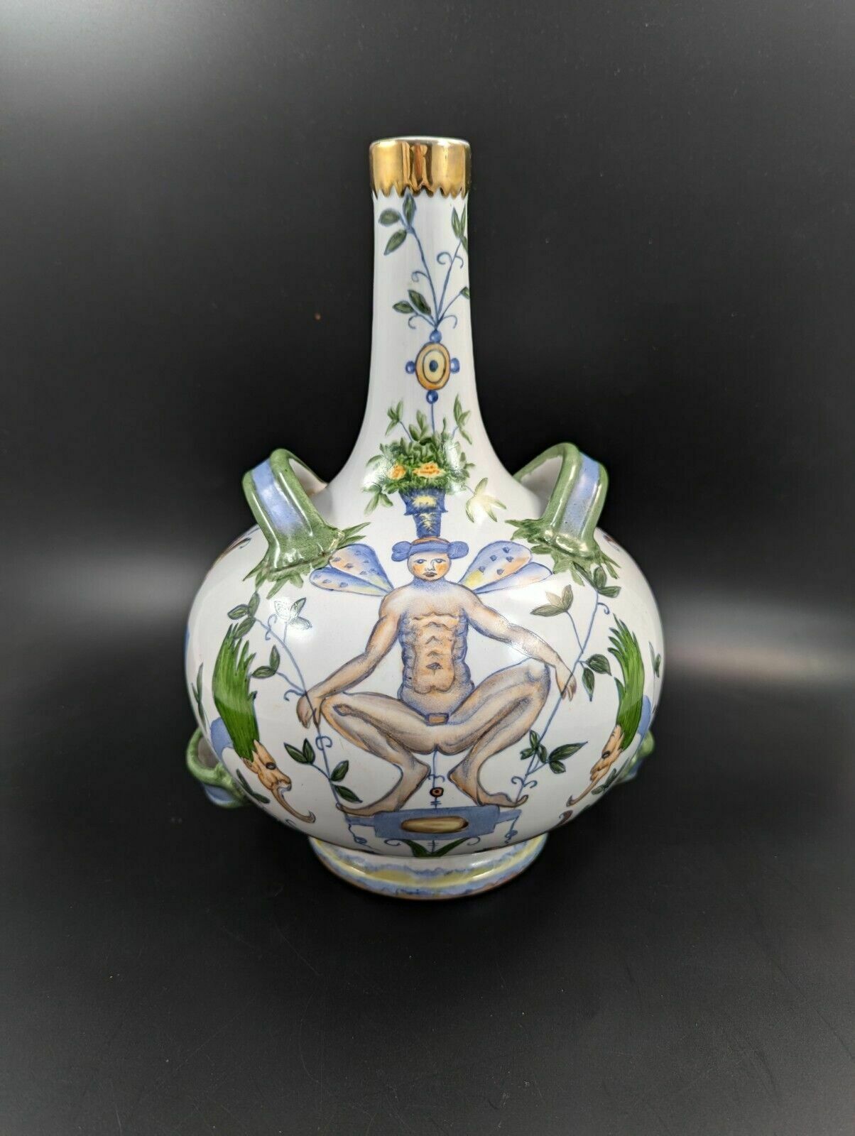 photo furniture Antique French Armonial Double Handled Faience Flask, 19th Century