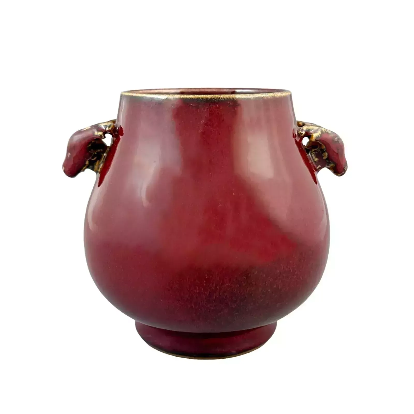 Antique Chinese 19th Century Qing Sang De Boeuf Hu Form Vase, Deer Head Handles photo for sale