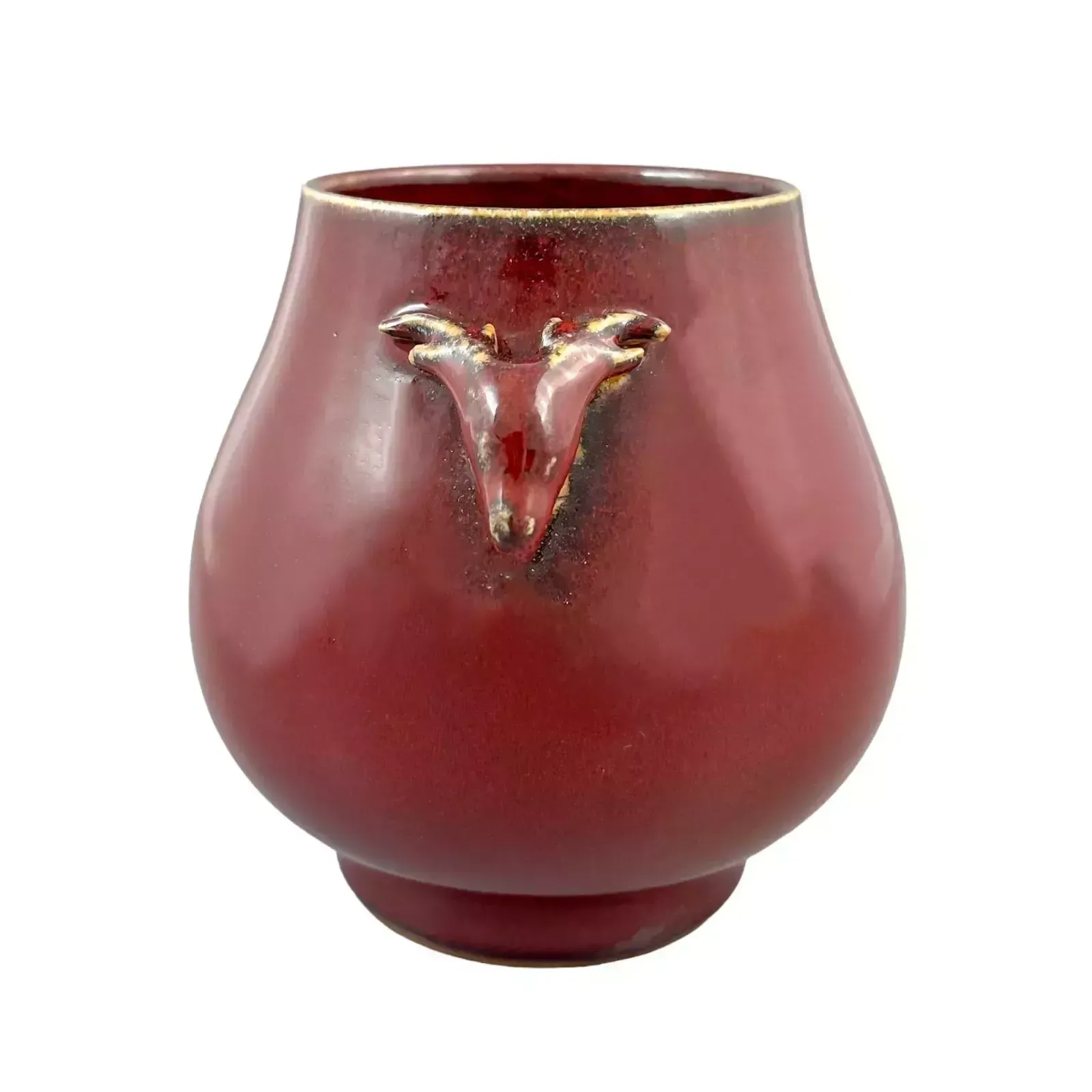 Antique Chinese 19th Century Qing Sang De Boeuf Hu Form Vase, Deer Head Handles photo Home Decor